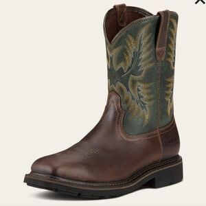 Ariat Western Brown Leather Cowboy Work Boots Steel Toe with Green Accents Sz 10